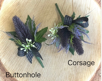 Artificial Thistle Buttonhole and Thistle Corsage