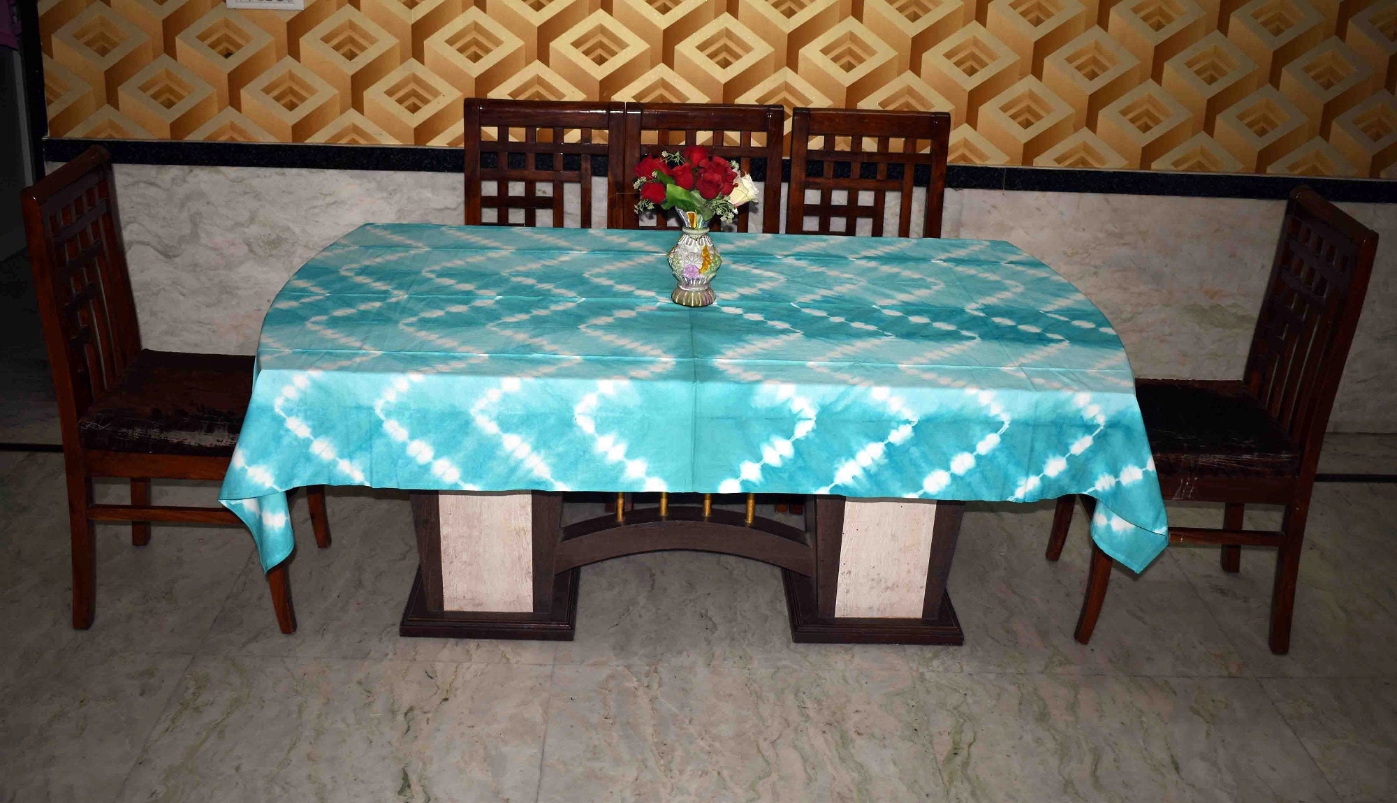 Tie Dye Cotton Table Cloth Shibori Design Table Cover Indian Dining Table Cloth 