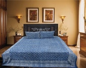 Indigo Blue Bed Sheet Indian Handmade Bed Sheet Home Decor Dabu Discharge Bedspread Bed Cover Set of 2 Pillow Cover