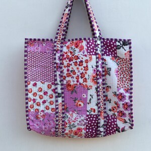 Handmade Indian Quilted Cotton Tote Bag: Floral Patchwork Travel Shoulder Bag