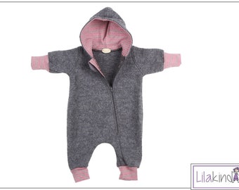 Lilakind“ Baby Overall Einteiler mit Kapuze Walkloden Grau meliert mit Grau Rosa Bündchen / Kapuze  Gr. 56/62-116/122 - Made in Germany