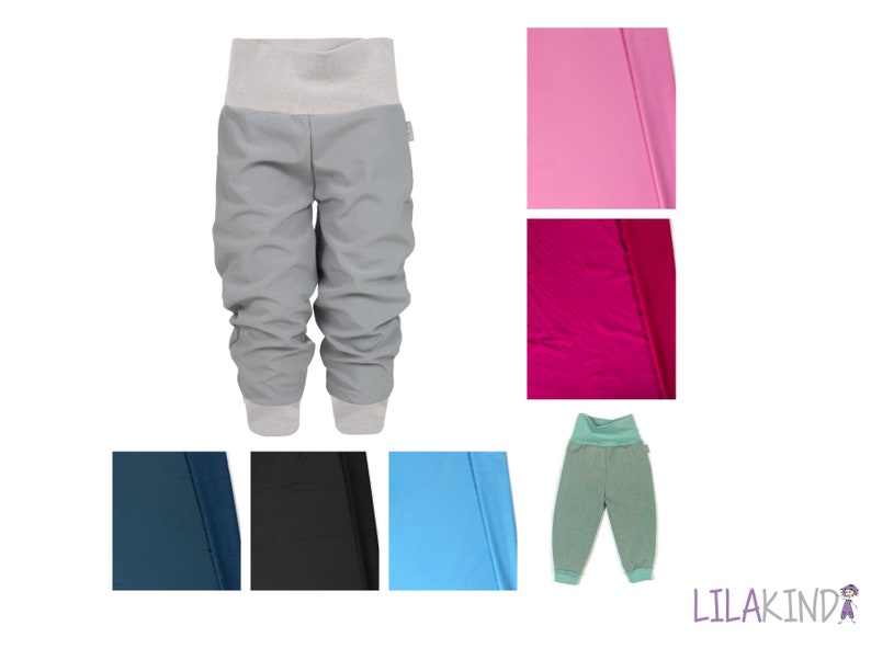 May include: Grey sweatpants with a grey waistband and a light grey fabric panel on the back. The sweatpants are shown with a variety of fabric swatches in pink, red, blue, teal, and black.