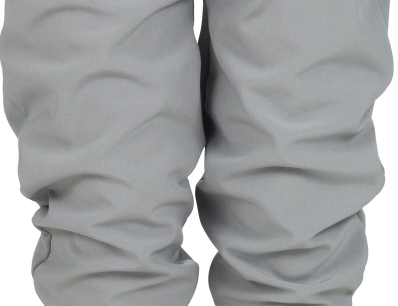 May include: A pair of gray sweatpants with a slightly wrinkled texture.