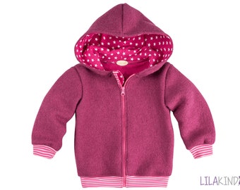 Lilakind Mädchen Walkjacke Jacke Winterjacke Wolljacke Kapuzenjacke Reißverschluss Pink gestreiftes Bündchen Innenfutter mit Sternchen