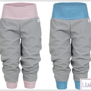 May include: Two pairs of gray pants with elastic waistbands. One pair has a pink striped waistband and the other has a blue striped waistband.