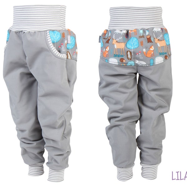 Lilakind Kinder Baby Softshell Hose Grau Waldtiere Streifen