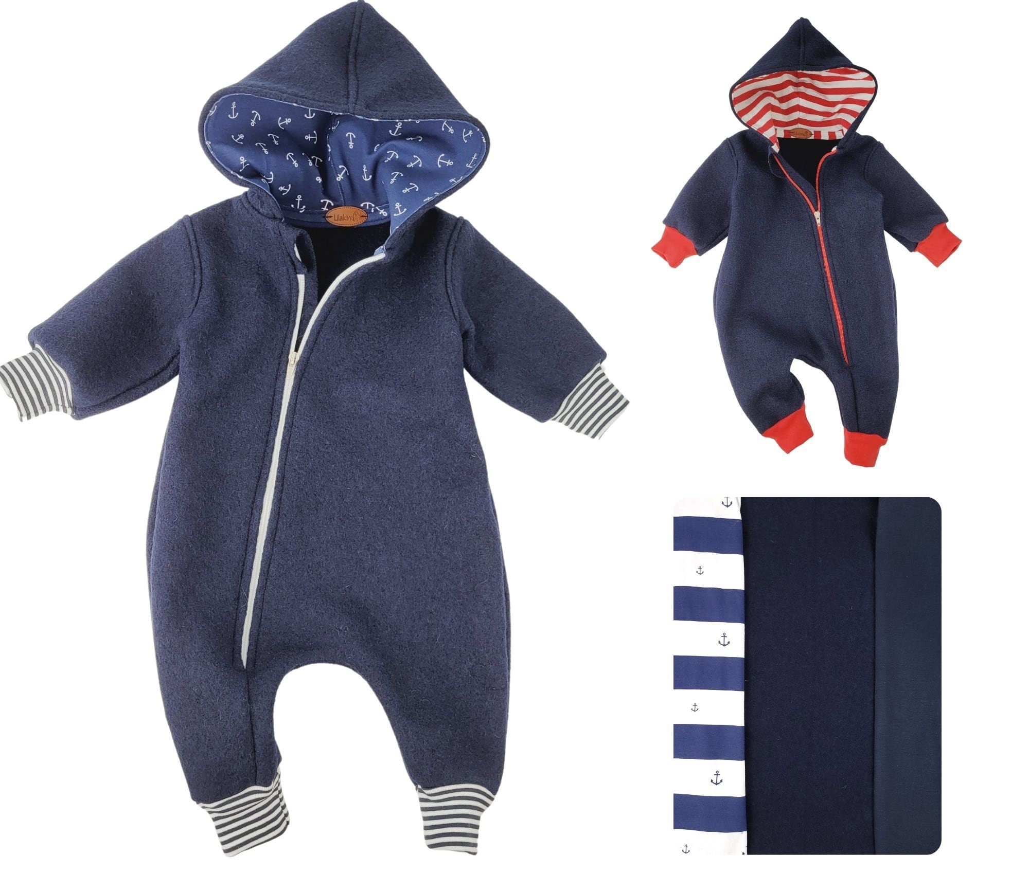 Lilakind Kinder Walkloden Overall Wollanzug Blau Maritim Anker Varianten