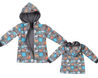 Lilakind Kinder Softshell Jacke Grau mit Waldtieren