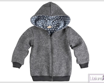 Lilakind Kinder Walkjacke Jacke Winterjacke Wolljacke Kapuzenjacke Reißverschluss Grau meliert Innenfutter mit Sternchen