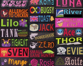 Pair of Embroidered Dog Name Patches / Tags / Personalised Text / Design with Hook & Loop Fastener