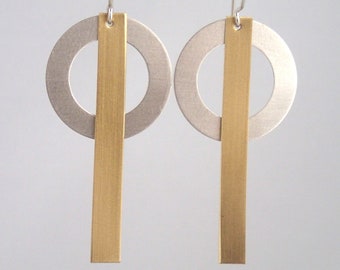 Medium Ring and Bar Earrings in Silver and Brass