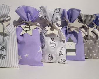 Calendario de Adviento infantil para rellenar tela en lila, gris y blanco