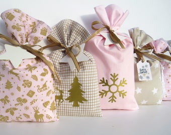 ADVENTSKALENDER  zum Befüllen aus Stoff in rosa, beige und gold, mit 4 Säckchen extragroß