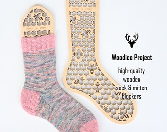 Houten sokblokkers (paar) Honingraat - breiaccessoires, cadeau voor breier, houten sokvorm, gebreide sokken