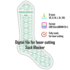 May include: A digital file for a laser cutting sock blocker featuring a green lattice pattern on a white background. The design includes the text woodico, XXL, 6 sizes XS, S, M, L, XL, XXL, Format CDR (CorelDRAW 15+), and Fully ready for laser cutting.