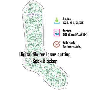 May include: A digital file for a laser cutting sock blocker featuring a decorative cutout pattern. The design includes text: woodico XXL project, 6 sizes XS, S, M, L, XL, XXL, Format CDR (CorelDRAW 15+), Fully ready for laser cutting, Digital file for laser cutting, Sock Blocker.