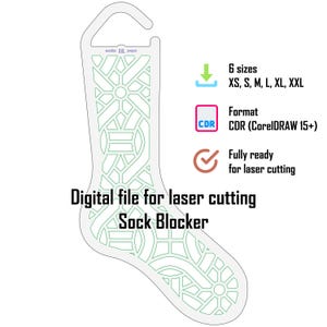 May include: A digital file for laser cutting a sock blocker with a geometric cutout pattern. The design includes 6 sizes from XS to XXL in CDR format for CorelDRAW 15+. The text reads: woodies XXL project, 6 sizes XS, S, M, L, XL, XXL, Format CDR, Fully ready for laser cutting, Digital file for laser cutting Sock Blocker.