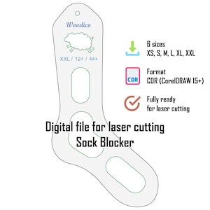 May include: A digital file for a laser cutting sock blocker featuring the Woodico logo, a sheep icon, and size labels XXL / 12+ / 44+. The graphic indicates 6 sizes from XS to XXL, CDR format for CorelDRAW 15+, and that it is ready for laser cutting.