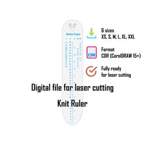 May include: A digital file for a laser cutting knit ruler featuring a deer logo and Woodico Project text. It includes 6 sizes from XS to XXL, CDR format for CorelDRAW 15+, and measurement scales in cm and inches for precise crafting projects.