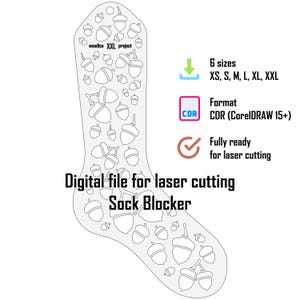 Könnte beinhalten: Eine digitale Datei für einen Sockenblocker zum Laserschneiden mit Eichel-Muster. Das Design enthält den Text woodico XXL project, 6 sizes XS, S, M, L, XL, XXL, Format CDR (CorelDRAW 15+), und Fully ready for laser cutting.