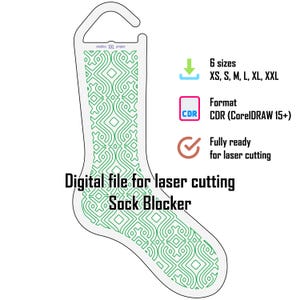 Könnte beinhalten: Eine digitale Datei für einen Sockenblocker zum Laserschneiden mit grünem geometrischen Muster. Die Datei enthält 6 Größen von XS bis XXL im CDR-Format für CorelDRAW 15+. Das Design ist laut Text vollständig für den Laserschnitt bereit.