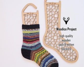 Houten sokblokkers (paar) Geometrische kamille - breiaccessoires, cadeau voor breier, houten sokvorm, gebreide sokken