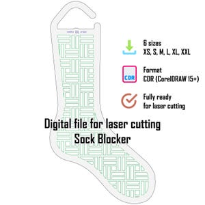 Op de afbeelding: Een digitaal bestand voor een sokkenblokker voor lasersnijden met een geometrisch patroon van rechthoeken. Het ontwerp bevat tekst die 6 maten van XS tot XXL aangeeft, CDR-formaat voor CorelDRAW 15+ en een notitie dat het klaar is voor lasersnijden.