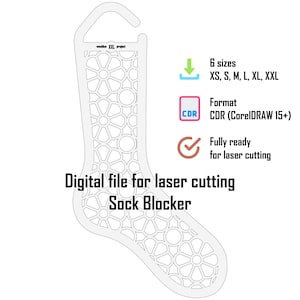 May include: A digital file for a laser cutting sock blocker featuring a white outline of a sock with a geometric floral pattern. The text includes "woodice XXL project", "6 sizes XS, S, M, L, XL, XXL", "Format CDR (CorelDRAW 15+)", and "Fully ready for laser cutting".