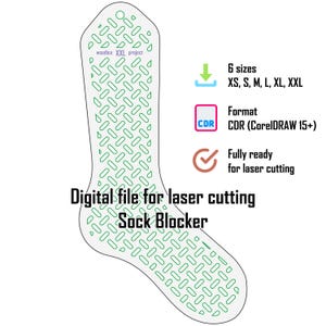 May include: A digital file for a laser cutting sock blocker featuring a white outline with a green diamond pattern. Text includes: woodica XXL project, 6 sizes XS, S, M, L, XL, XXL, Format CDR (CorelDRAW 15+), Fully ready for laser cutting, Digital file for laser cutting Sock Blocker.