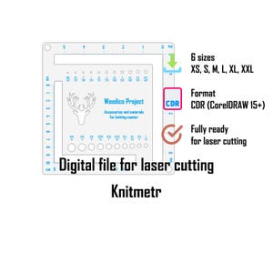 Op de afbeelding: Een digitaal bestand voor lasersnijden met een vierkante breinaaldmeter, een hertenkop-icoon, de tekst Woodico Project en maataanduidingen. Bevat 6 maten XS, S, M, L, XL, XXL, CDR-formaat voor CorelDRAW 15+ en de tekst Knitmetr.