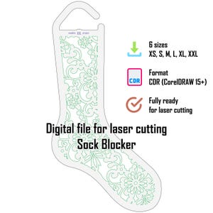 Könnte beinhalten: Eine digitale Datei zum Laserschneiden eines Sockenblockers mit floralem Ausschnittmuster. Das Bild enthält den Text: Digital file for laser cutting Sock Blocker, 6 sizes XS, S, M, L, XL, XXL, Format CDR (CorelDRAW 15+), Fully ready for laser cutting.