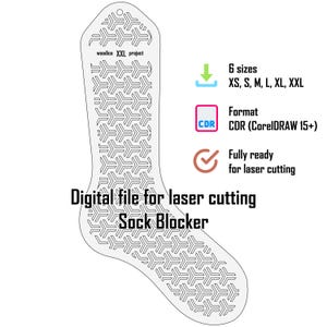 May include: A digital file for a laser cutting sock blocker featuring a repeating geometric pattern. The design includes text reading woodico XXL project, 6 sizes XS, S, M, L, XL, XXL, Format CDR (CorelDRAW 15+), and Fully ready for laser cutting.