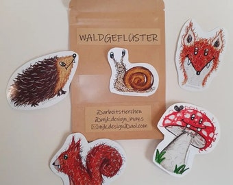 Stickerset Waldgeflüster 5 Stück Igel, Schnecke, Fuchs, Eichhörnchen und Fliegenpilz