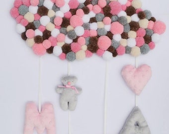 Cloud, decoration, decoration children's room,gift, pompoms, pom pom, fluffy cloud with pompoms, pompones, pomponz, baby room, babyshower