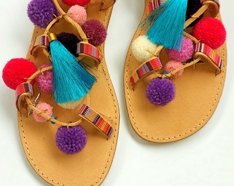 Shoes, Boots, Pompons, Sandal, Sandals, Boho, Gladiator, Women's sandals, Pom pon, Pompon, Greek sandals, Hippie Sandals, Worsted, Pompones