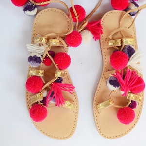 Sandals, Boots, Pompons, Sandal, Boho, Gladiator, Women's sandals, Pom pon, Pompon, Greek sandals, Hippie Sandals, Worsted, Pompones