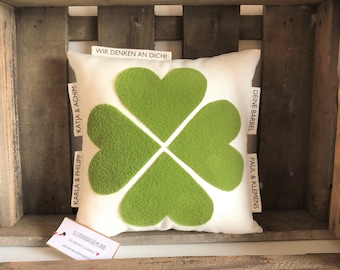 Pillow lucky charm 50 characters 25 cm x 25 cm recovery birthday with name illness test clover leaf luck get well soon personalized