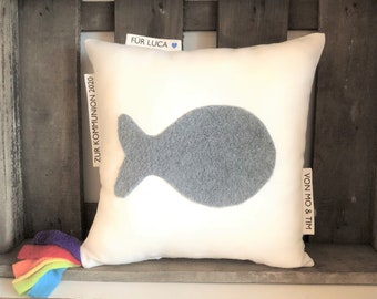 Kissen Namen Geschenk Kommunion Konfirmation Taufe Junge Kommuniongeschenk christlich Fisch grau personalisiert Mädchen Geldgeschenk