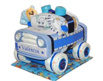 Diaper cake diaper car "strip car" blue + pacifier chain + bear