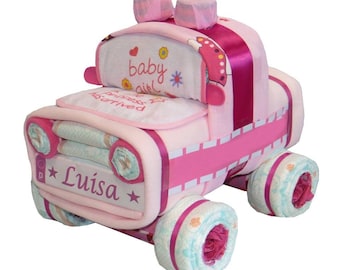 Diaper cake diaper car "patrol car" in pink