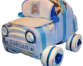 Torta di pannolini per auto per bambino fatta di pannolini blu, auto per pannolini regalo per la nascita di un maschietto, souvenir per il baby shower
