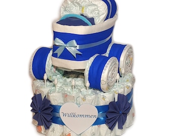 Diaper cake - diaper cake with stroller - diaper stroller - blue