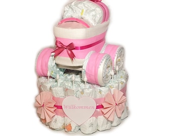 Diaper cake - diaper cake with stroller - diaper stroller - light pink