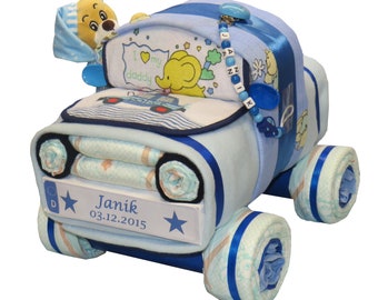 Diaper cake - diaper car + bear + pacifier chain in blue