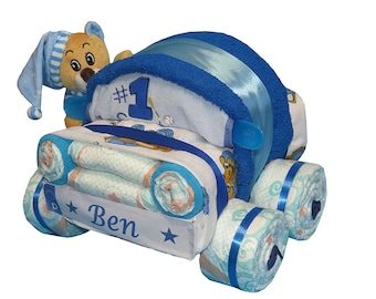 Diaper cake Little diaper car + bear in blue