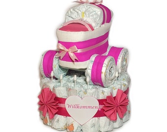 Diaper cake - diaper cake with stroller - diaper stroller - pink