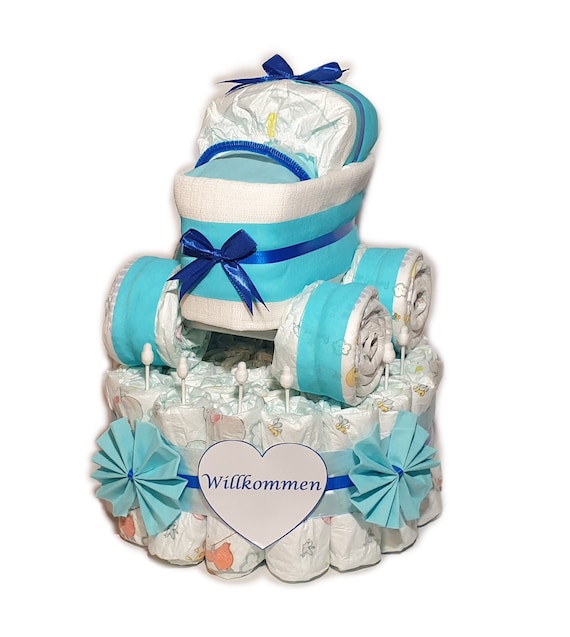 Windeltorte - Windeltorte mit Kinderwagen - Windelkinderwagen - hellblau