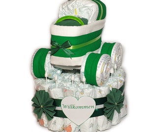 Luier cake-luier taart met wandelwagen-luier wandelwagen-groen