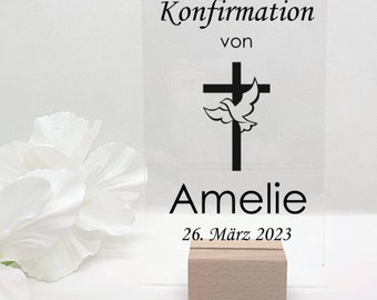 Tischaufsteller für Kommunion, Konfirmation / Verschiedene Schrift -Farben / Acrylschild mit Buchenholz Ständer /