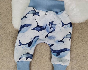 Pump pants whales, gr.50-92, long pants, long pump pants for children, long pump pants for babies, pants whales, harem pants,